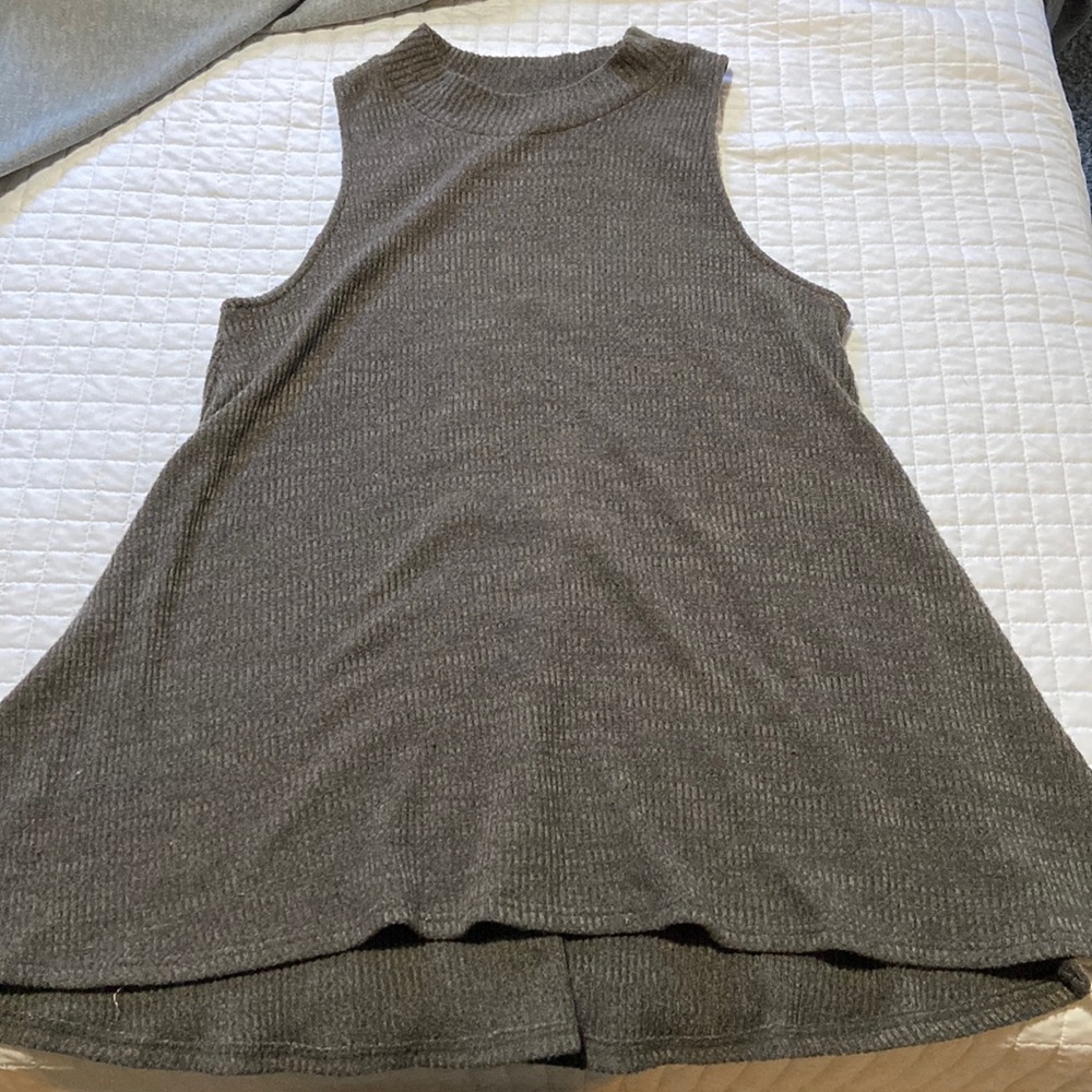 Boutique Style Mock Neck, Flared Sweater Tank with Side Slits. Long Back.